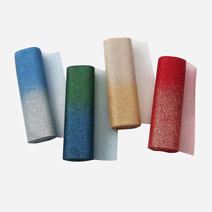 4 Colors Fabric Tulle 11.8 Inch by 15 Yards Sparkle Fabric Ribbon for Christmas Gift Wrapping DIY Tutu Skirt Sewing Bow Wedding Decorations Craft Supplies