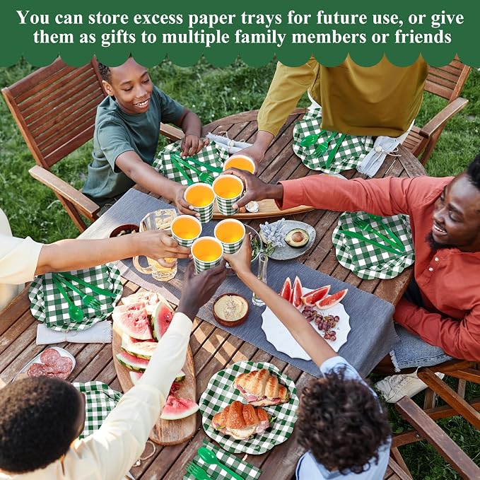 Funnymoom 400 Pcs Gingham Party Supplies for 50 Guests Dark Green and White Paper Plates and Napkins Knives Spoon Fork Cup Disposable Checkered Dinner Party Set Cutlery for Baby Shower Wedding Favor
