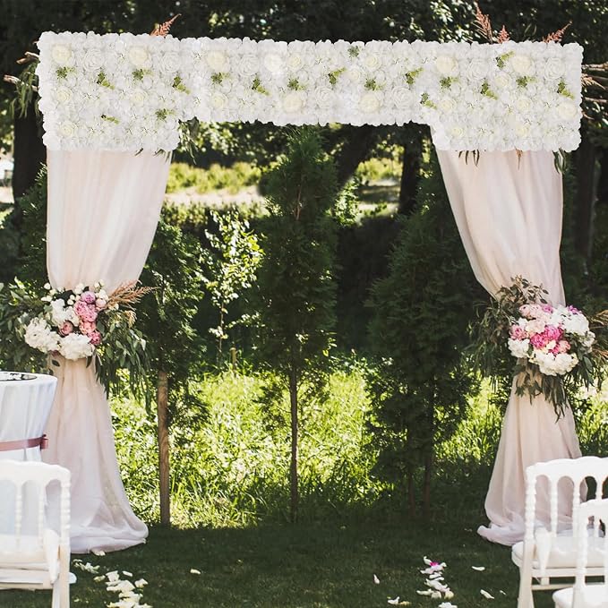 3D Flower Wall Backdrop - 12Pcs 15×15 Inch Artificial Rose Panels White Silk Floral Decor for Home Party Wedding Anniversary Birthday Photographic Studio Background & Decorative Fences