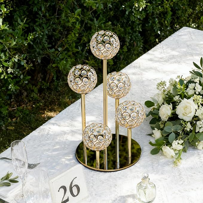 5-Arm Crystal Tealight Candelabra Centerpiece, 14.8 Inch Metal Candle Holder for Table Decor, Wedding, Christmas, Party, Anniversary & Home Decoration (1, Gold, S-14.8 in)