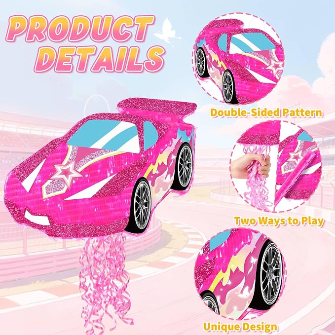 WERNNSAI Pink Racing Car Piñata for Girls - Princess Dollhouse Party Supplies Piñata Bundle with Blindfold and Bat for Kids Racing Car Theme Birthday Party Game Decorations (12.4" x 16.5" x 2.9")