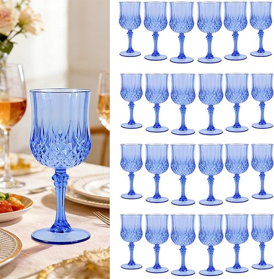 Teruntrue 24 Pcs Blue Plastic Wine Glasses Vintage Wine Glass for Parties Crystal Plastic Goblets Drinking Glasses Reusable Drinkware for Wedding, Valentine’s Day, Parties, Grand Event