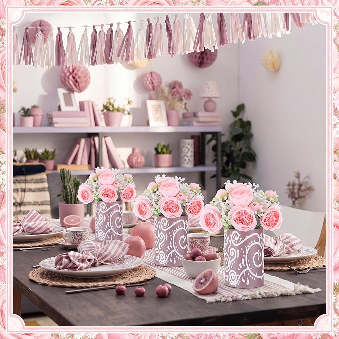 Mumufy 30 Pcs Pink Fiesta Table Centerpieces with Cardboard Paper Vases and Artificial Flowers, Cielito Lindo Mexican Baby Shower Decorations for Girl Birthday, Wedding, Taco Party and Cinco De Mayo