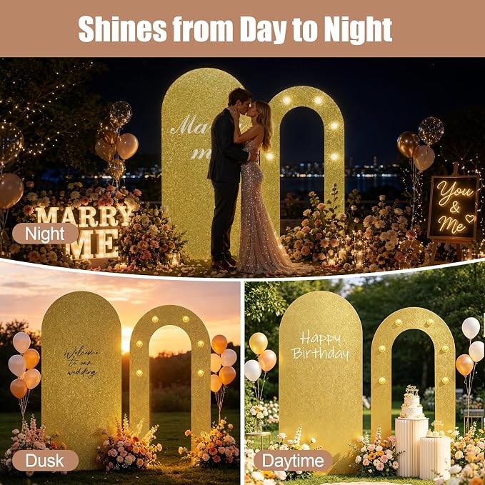 6FT Arch Backdrop with Stand Set, Lighted Arch Set, No-Tip Stability Glow Foam Board Photo Booth Background for Wedding Birthday Party Ceremony Baby Shower Banquet Decoration Reusable - BlackGold