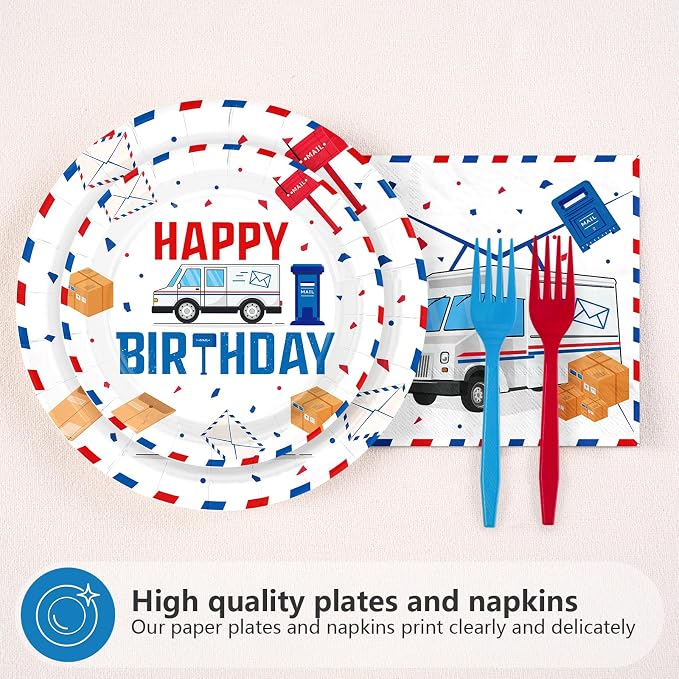 96 Pcs Mailman Party Supplies Red Blue Mail Happy Birthday Plates and Napkins Disposable Mail Truck Mailbox Tableware Set for Postal Worker Birthday Party Decorations Serves 24
