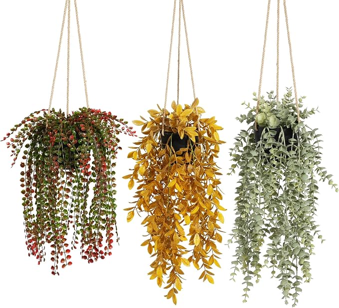 3 Packs Fake Hanging Plants with Black Pots for Outdoor Indoor | 18" Artificial Hanging Plants with Adjustable Twines, Realistic, Easy to Clean, Flat/Hang, Bathroom Bedroom Shelf Wall Decor