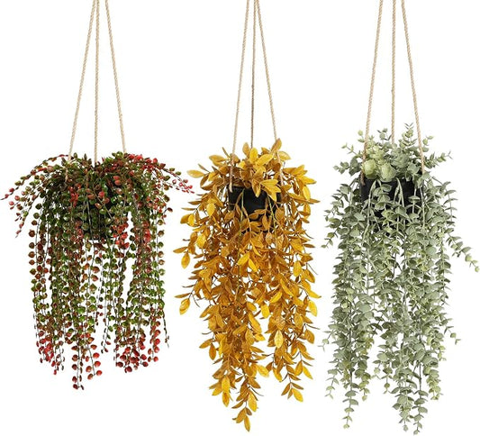 3 Packs Fake Hanging Plants with Black Pots for Outdoor Indoor | 18" Artificial Hanging Plants with Adjustable Twines, Realistic, Easy to Clean, Flat/Hang, Bathroom Bedroom Shelf Wall Decor