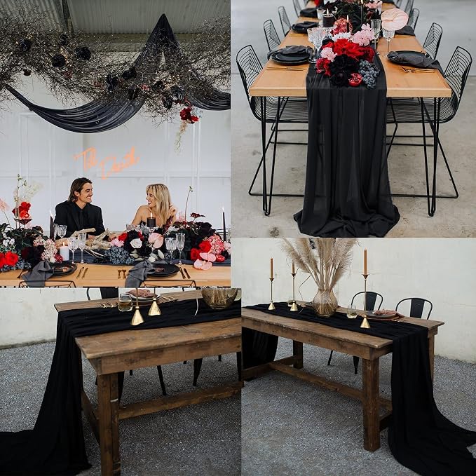 Fivenl 12 Packs Black Halloween Table Runner 10Ft Chiffon Table Runner 27x120 Inches Boho Rustic Sheer Table Runner for Halloween Birthday Party Wedding Bridal Baby Shower Table Decoration