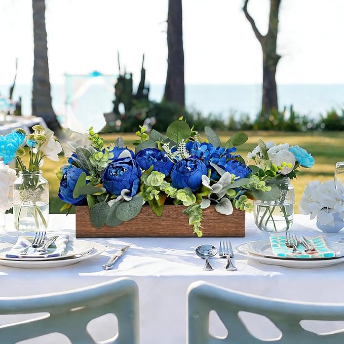 Royal Blue Flower Centerpieces for Table, Pre-Made Artificial Peony Hydrangea Centerpieces for Dining Table Wood Flowers Centerpieces for Wedding Graduation Living Room Party Bar Kitchen Table