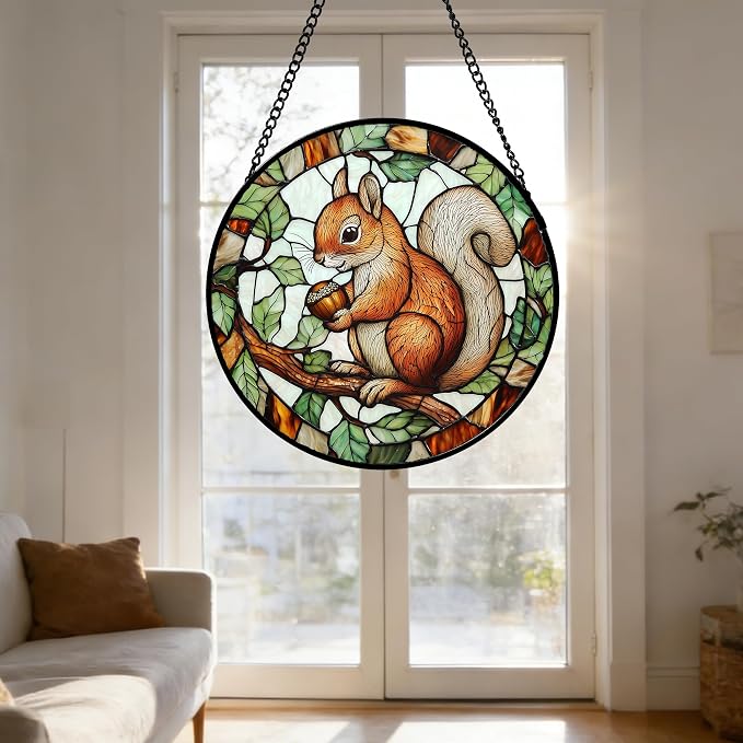 DASTOLL Stained Glass Window Hanging, Squirrel on a Branch Suncatcher Diamond Glass Panel Animal Sun Catchers Decor for Birthday for Women, Men, Wife, Aunt, and Mom 11.8x11.8 in