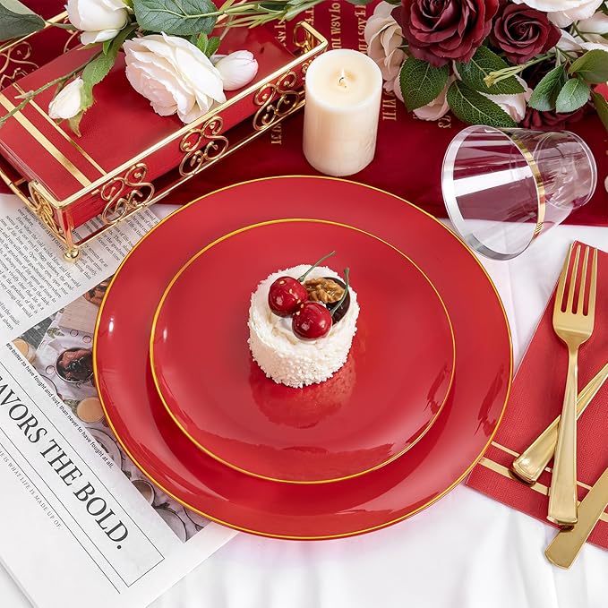 NOCCUR 350PCS Red Plastic Plates - Disposable Red Gold Dinnerware Set for 50 Guests, 100 Dinner/Dessert Plates, 150 Gold Silverware, 50 Cups&50 Napkins for Party/Wedding/Mother's Day