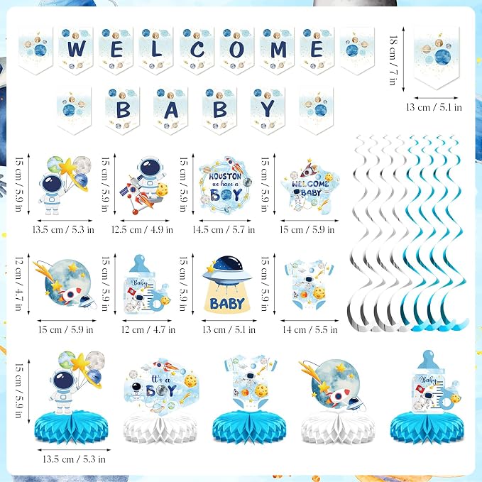 Outer Space Baby Shower Decorations for Boy Space Astronaut Welcome Baby Banner and Hanging Swirls Honeycomb Centerpiece Houston We Have A Boy Backdrop Mom To Be Sash for Party Supplies