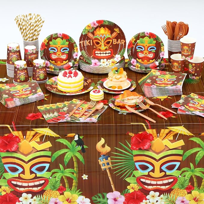 Funnymoom 452 Pcs Hawaiian Tiki Party Decorations Include Tiki Paper Plates Napkins Cups Tablecloth Cutlery Straws Hawaii Luau Party Supplies for Tropical Birthday Party Decorations