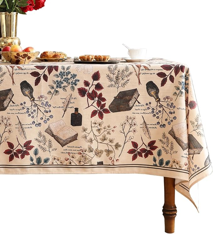 ISAENNE Designer French Linen Rectangular Tablecloth,110"x63"-Xipeia | Vintage Elegant Printed Table Cloth for Rectangle Table,Floral Pattern,Heavyweight,Dining Room,Kitchen,Thanksgiving,Decor
