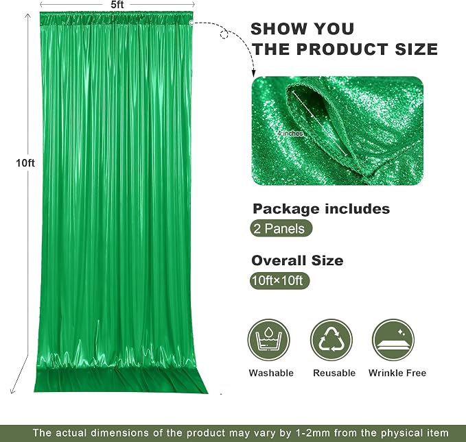 gogoparti 10x10FT Green Sequin Backdrop Curtain - 2 Panels of 5x10FT Wrinkle-Free Glitter Drapes for Photography, Birthdays, Weddings & Graduations