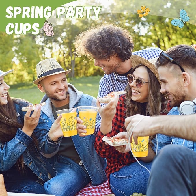 Funnymoom 60 Pack Wildflowers Plastic Cups 12 oz Floral Botanical Disposable Clear Plastic Drinking Cups for Summer Spring Birthday Wedding Bridal Baby Shower Party Decoration Supplies