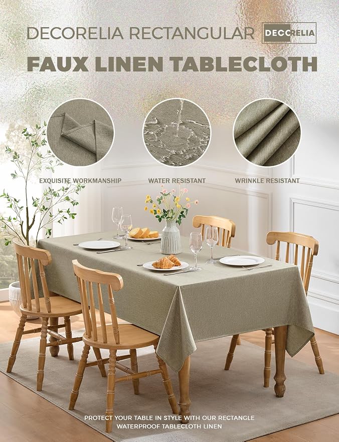 Decorelia Faux Linen Farmhouse Table Cloth 60"x84" for Rectangle Table, Natural Waterproof Outdoor Washable Cloth Tablecloth for Rectangular Dining Room Kitchen Outdoor Party Restaurant Decor