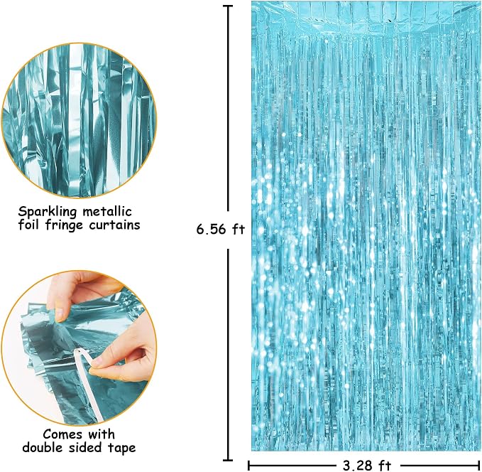 JOYIT 5 Pack Light Blue Tinsel Backdrop - 3.28 ft x 6.56 ft Fringe Backdrop, Glitter Foil Fringe Curtains for Party Decorations, Birthday, Bachelorette, Graduation, Wedding (Light Blue, 5 Pack)