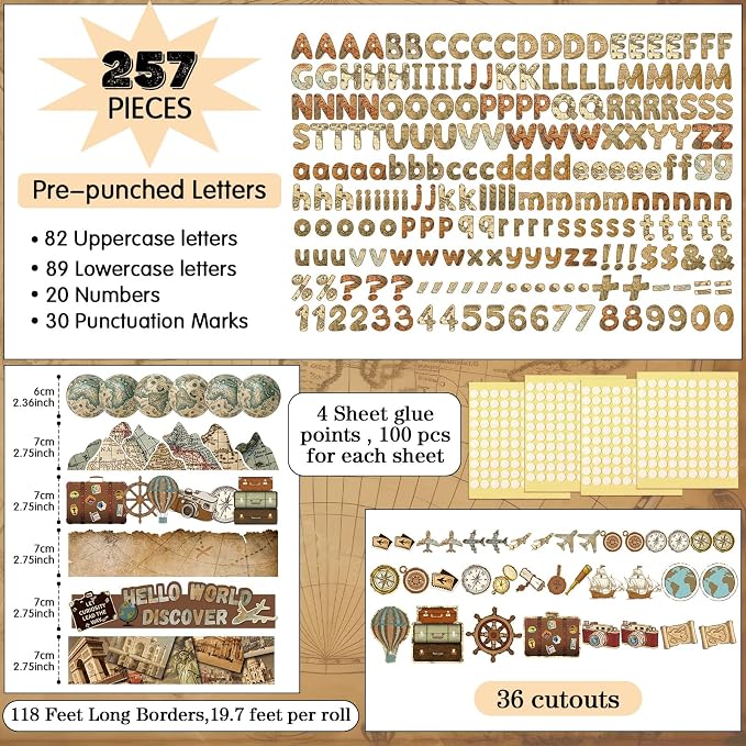 Kosiz World Map Bulletin Board Decoration Set 118 ft Scalloped Bulletin Board Borders Classroom Poster Border Trim with 257 Pcs Letter Number Symbol Cutout for School Decor