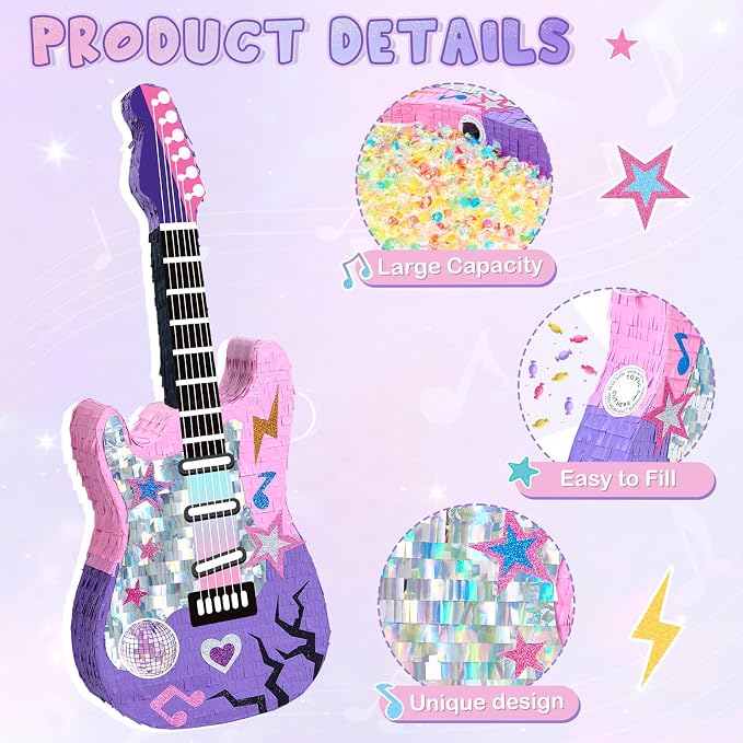 WERNNSAI 28" Guitar Piñata for Kpop Birthday Decorations, Party Game | Kpop Party Favors, Girl Birthday Decorations, Music Party Favors, Piñata with Stick and Blindfold