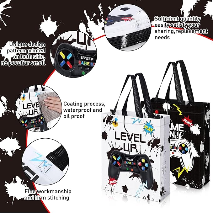 Sweetude 30 Pcs Video Game Gift Bag with Handle Game Party Supplies Reusable Gaming Non Goody Bag, 2 Styles