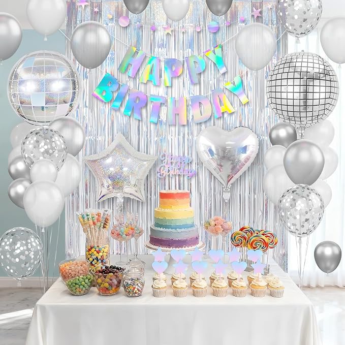 Disco Party Decorations, Iridescent Happy Birthday Star Hanging Banner Cake Topper, Disco Ball Heart Foil Balloons Silver White Confetti Balloon Fringe Curtain for Groovy Birthday Party Decoration