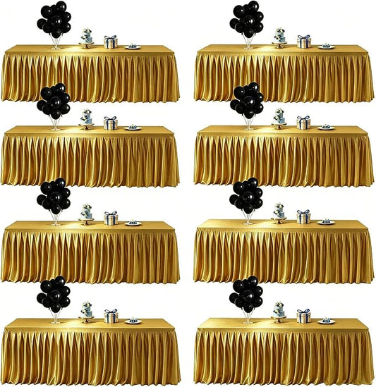 Wish Care 8 Pack Satin Table Cover Skirts for 6ft Rectangular Tables, Dark Gold Shimmer Silk Tablecloth with Floor Length Ruffle for Wedding Banquet Party Buffet Decoration