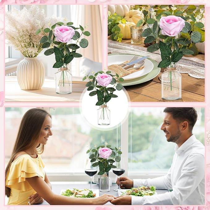 10 Set Vases Glass Centerpiece for Table 10 Small Clear Glass Vases 10 Artificial Roses 30 Leaves with Rope Flower Centerpieces for Wedding Arrangement Party Home Decoration (Pink)
