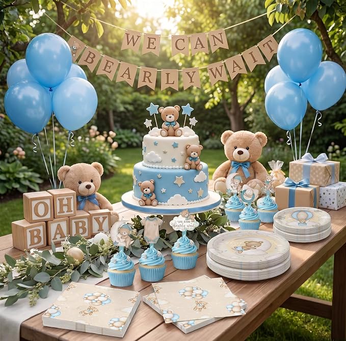 Teddy Bear Baby Shower Plates and Napkins Set for Boy – We Can Bearly Wait Baby Shower Decorations – Serves 20, Paper Plates, Napkins – Bear Party Supplies Decorations Tableware for Birthday