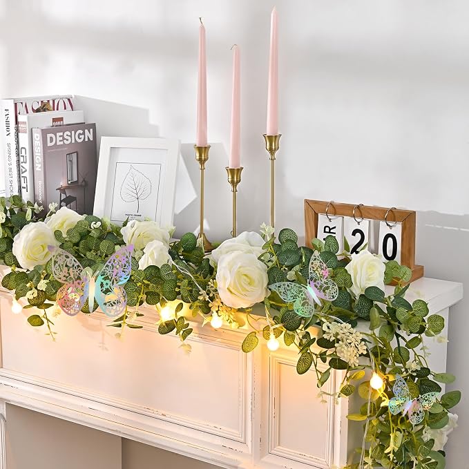 Yastouay 2 Pcs 13.1 Ft Fuller White Flower Garland with Light and 3D Butterfly, Artificial Eucalyptus Garland with Fake Rose for Table Centerpiece Wedding Arch Baby Shower Party Room Backdrop Decor