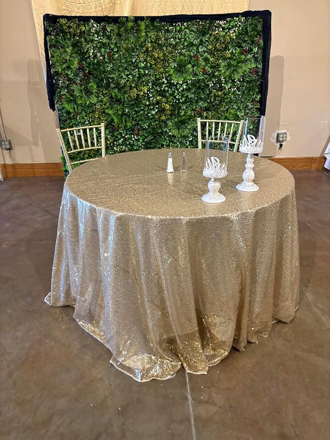 132 Inch Round Champagne Sequin Tablecloth, Metallic Large Glitter Sparkle Table Cloth for Dining Banquet Table, Sequin Table Linen for Wedding Bridal Shower Party Decorations