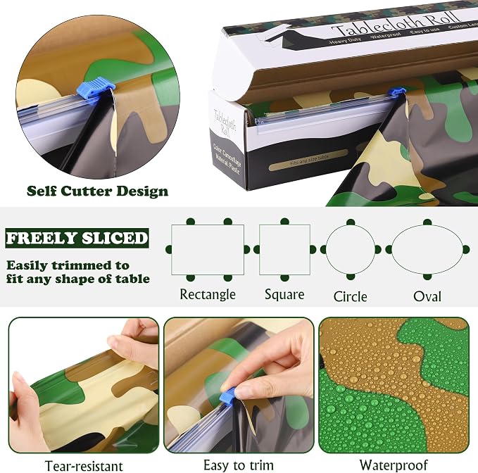 Kochorie 100 Ft x 54 Inch Camo Tablecloth Roll Camouflage Table Cover with Cutter Box Disposable Plastic Camo Table Cover Party Tablecloth Decorations for Camouflage Themed Party Supplies