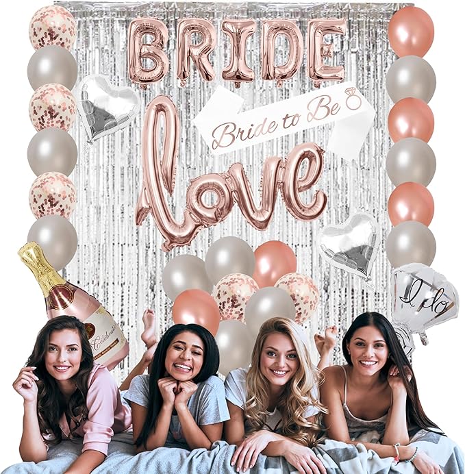 Bachelorettesy 28pc Bachelorette Party Decorations Kit for Bride to Be, Bridal Shower Decorations, Engagement Party – Balloons, Sash, Foil Backdrop Curtain (Rose Gold Silver)