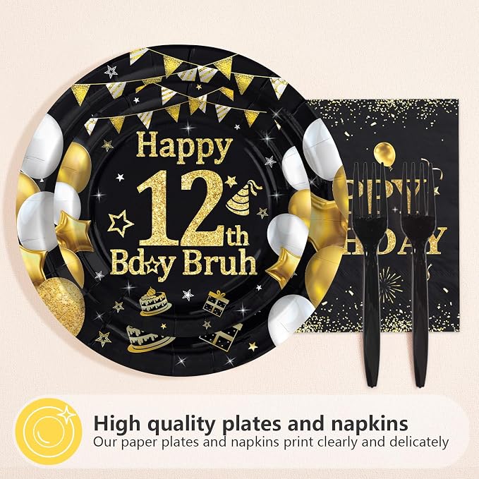 96 Pcs Bruh 12th Birthday Party Decorations Black Gold Bruh I’m 12 Plates and Napkins It's My 12th Birthday Tableware Set for Teen Boys and Girls 12 Years Old Party Supplies, Serves 24