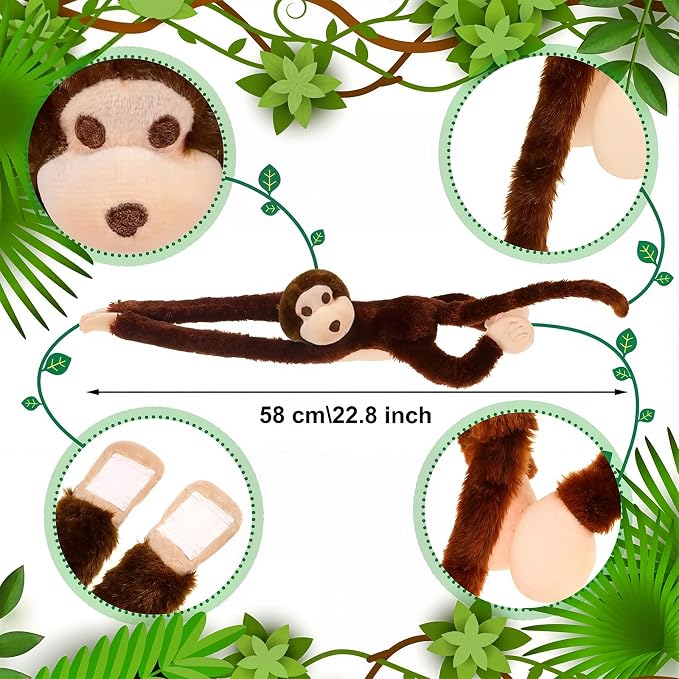 Hungdao 6 Packs Hanging Monkey Stuffed Jungle Animal Toy with Hook and Loop Jungle Party Hanging Plush Monkey for VBS Sunday School Classroom Party Decorations (24 Inch,Dark Brown)