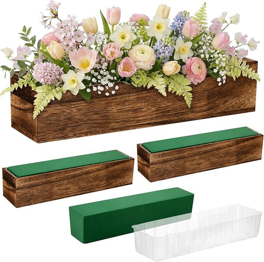 Dandat 3 Set Wood Boxes for Centerpieces 16x4 Inch Rectangle Wooden Planter Box Rustic Wood Planter with Removable Plastic Liner Floral Foam Blocks for Centerpieces Home Wedding Garden Decor