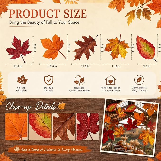 20 Pcs Fall Thanksgiving Hanging Decoration Large Fall Maple Leaf Hanging Decorations Autumn Leaf Decor Ornaments for Thanksgiving Harvest Festival Autumn Party Home Ceiling Wall Decor