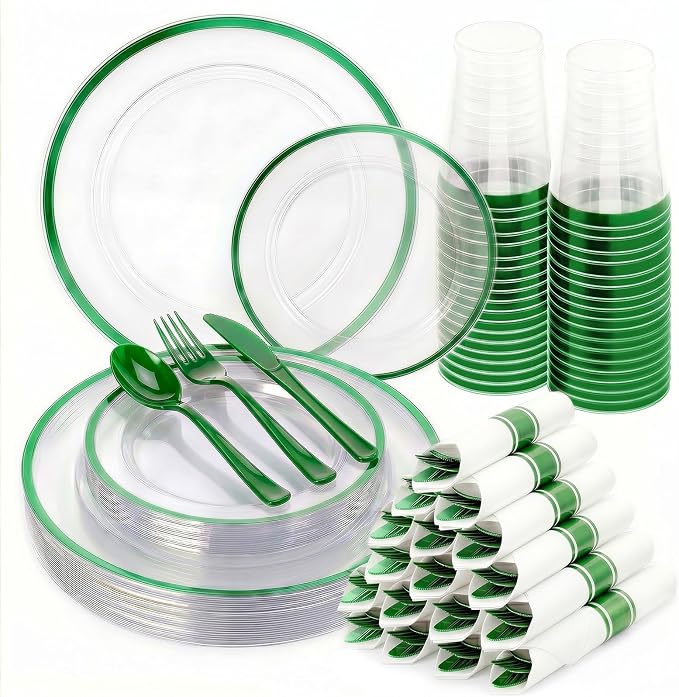 175pcs Plastic Plates for Party Clear & Green | Disposable Plastic Dinnerware Set for 25 Guests Include 50 Plastic Plates,25 Cups & 25 Pre Rolled Napkins with Cutlery Set