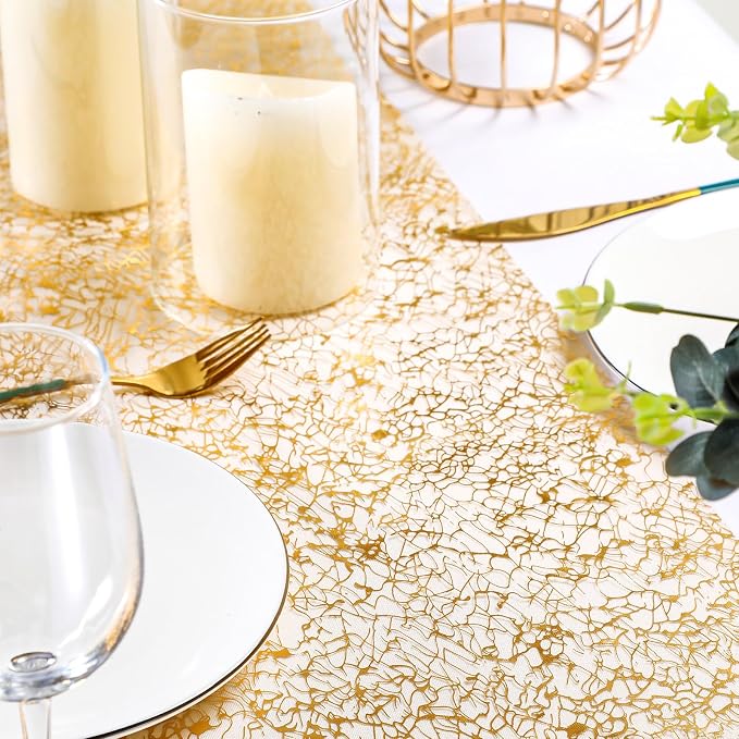 Chumia 12 Pieces Gold Table Runner 20 x 120 Inch Sequin Glitter Table Runner Roll Metallic Thin Mesh Fabric Decor for Party Wedding Shower Birthday Baby Shower Party Supplies