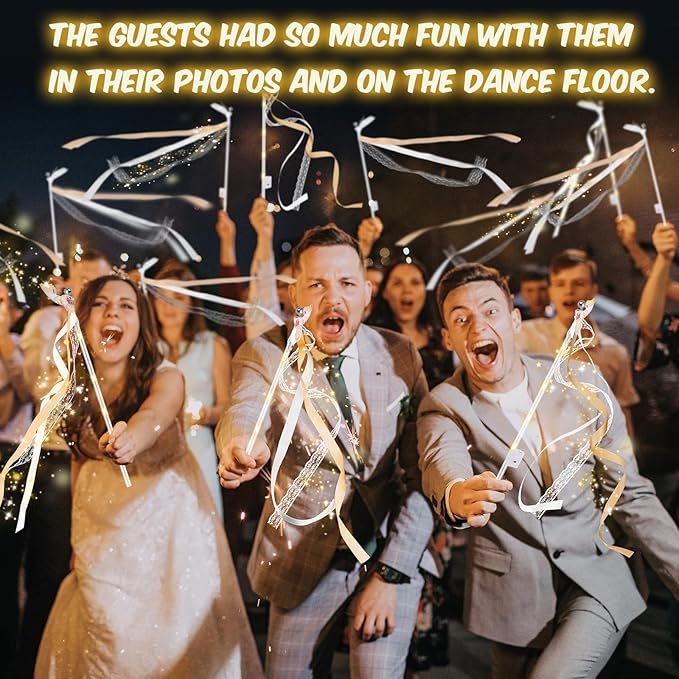 HONLYNE 200 PCS Wedding Wands with Lights,Fairy Wands, LED Silk Fairy Wand with Bells for Wedding Send Off, New Year, Raves, Concert, Birthday
