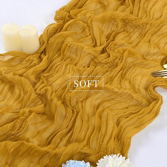 6 Pcs Mustard 35 x 120 Inches Long Cheesecloth Table Runner 10FT Runner for Tables Gauze Fabric Boho Table Runner Decoration Rustic Semi Sheer Runner for Wedding Baby Shower Birthday Party (Mustard)