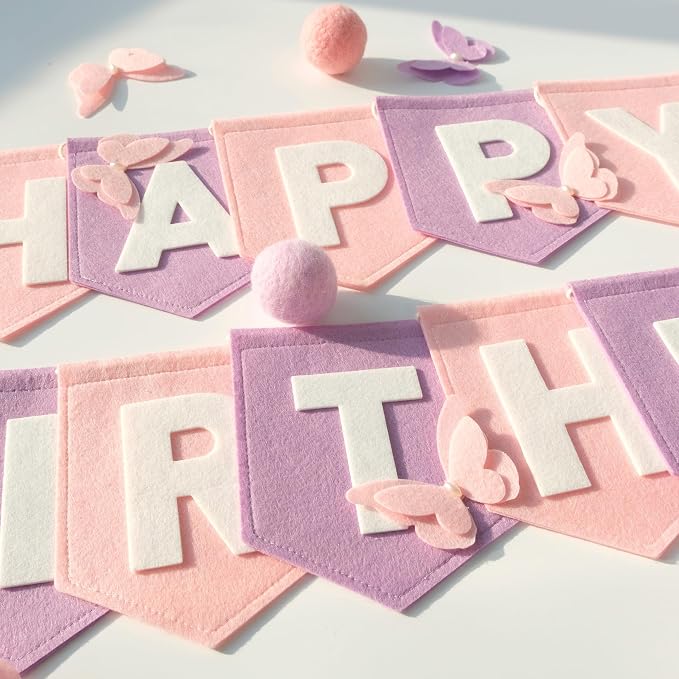 Felt Purple Pink Happy Birthday Banner Birthday Decorations for Women Girls Boys Men Pets Handmade Party Backdrop