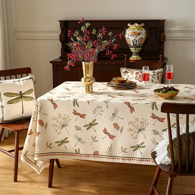 ISAENNE Designer Rectangular Elegant Linen Tablecloth,110"x63"-Grace B | Vintage French Printed Table Cloth Rectangle Table,Dragonfly Pattern,Durable,Heavyweight,Dining,Kitchen,Thanksgiving
