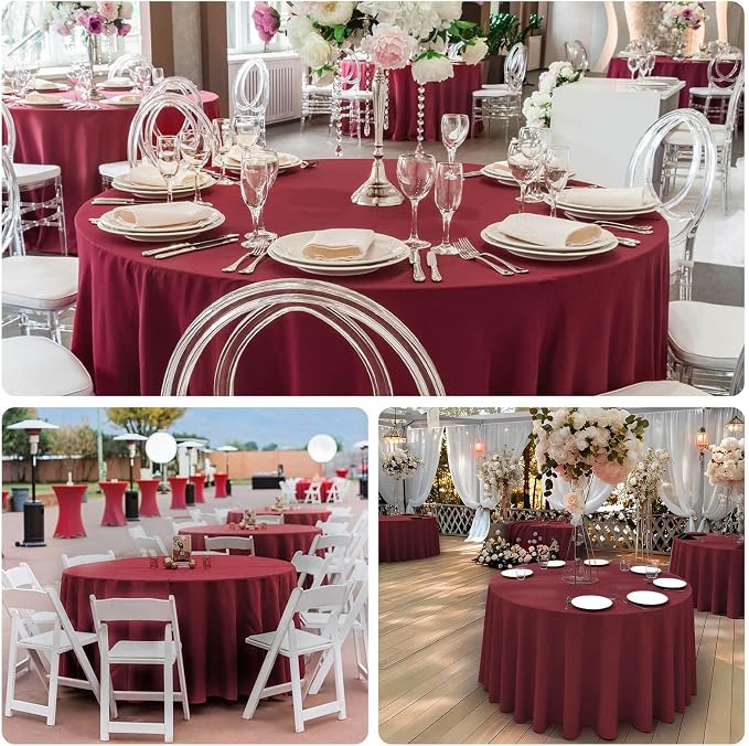 8 Pack Burgundy Round Tablecloth 120 Inch Cloth Table Cloth for Round Tables, Washable Polyester Table Cloth Stain and Wrinkle Resistant Decorative Table Cover for Wedding Party Dining Banquet