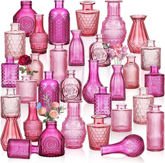 32 PCS Assorted Vintage Bud Vases, Colorful Glass Small Vases Bulk, for Centerpieces, Wedding Table Decor, Home Decorations & Gifts (Pink Seiris)