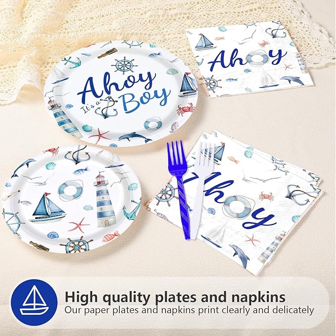 Nautical Party Plates and Napkins Ahoy Its A Boy Baby Shower Decorations Disposable Anchor Nautical Tableware Sets for Boys Baby Shower Ocean Gender Reveal Birthday Sailing Party Supplies Serves 24