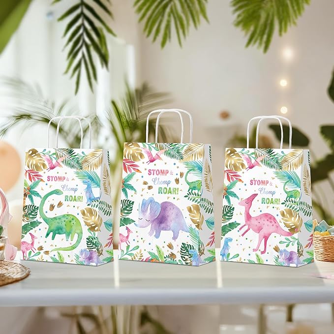 HaPiBiDesign Dinosaur Party Favor Bags, 24 Pack Dinosaur Goodie Bags with Handles, Girl Dinosaur Gift Bags, Pink Dinosaur Treat Bags for Kids Birthday Party, Dinosaur Party Supplies