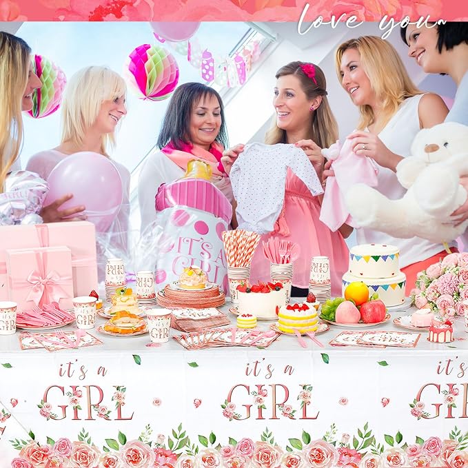 Potchen 452 Pcs Party Supplies Serve 50 Guests, Paper Plates Napkins Cups Cutlery Plastic Tablecloth Dinnerware for Birthday Wedding Party Decoration(Pink, It's a Girl)
