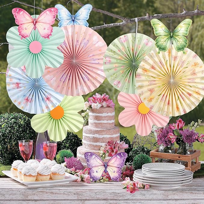Butterfly Flower Paper Fan,Pastel Party Decoration for Garden,Spring Paper Fans Floral Decorations for Wall Hanging Flower Decor Fairy Birthday Decorations Garland Backdrop for Tea Party Baby Shower.