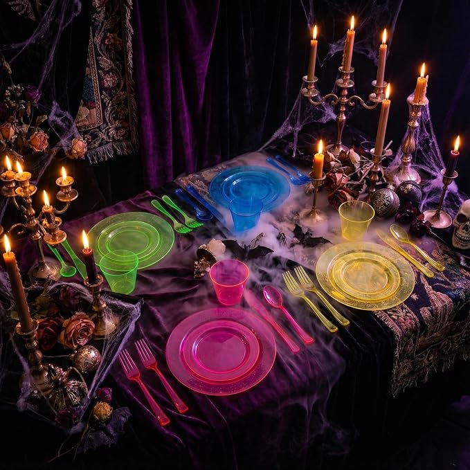 Supernal 216pcs Plastic Dinnerware Set include Rainbow Disposable Plates for Party Heavy Duty,Colorful Disposable Cups,Plastic Silveware in Neon Pink,Blue,Green,Yellow, Pefect for Birthdays